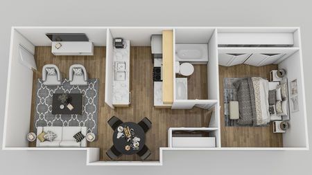 Floor plan for 1 bed, 1 bath, 617 sqft